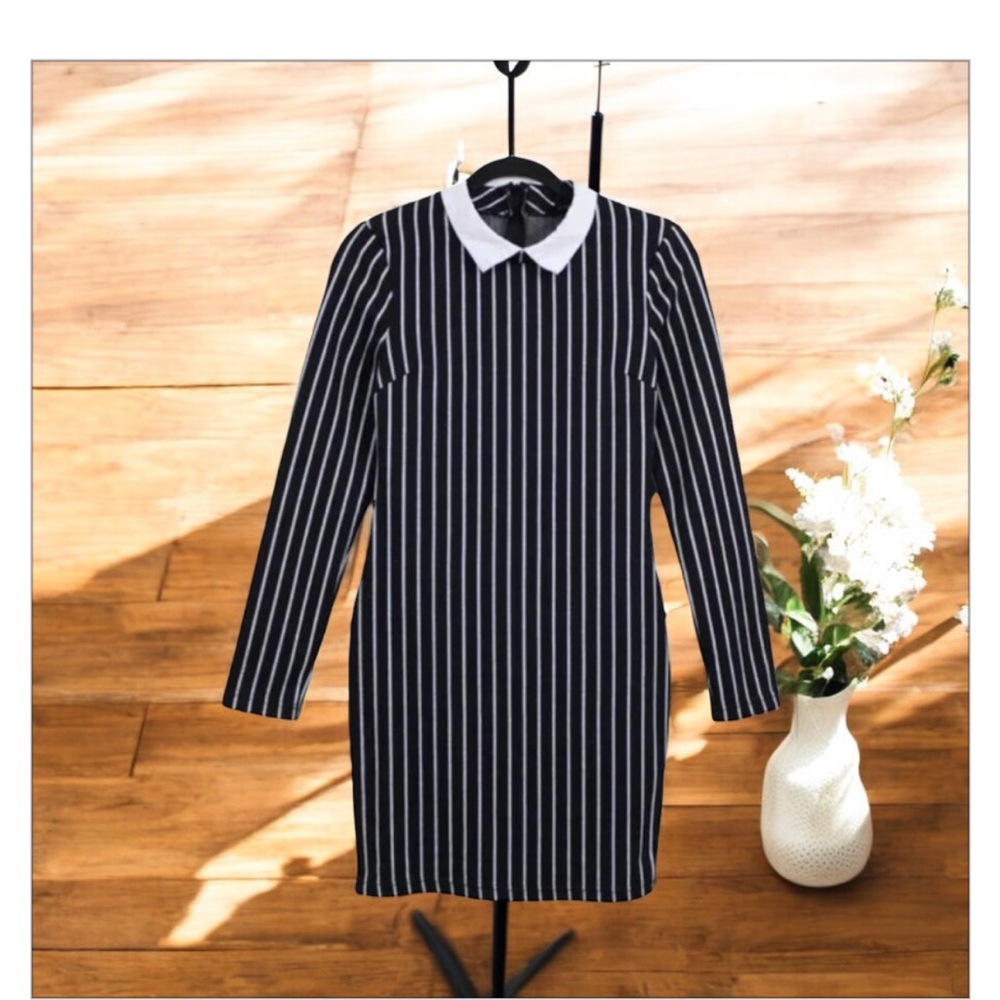 Wednesday Addams Vibes 🖤Revamped Black&White stripe Dress W/Collar -NWOT SzM